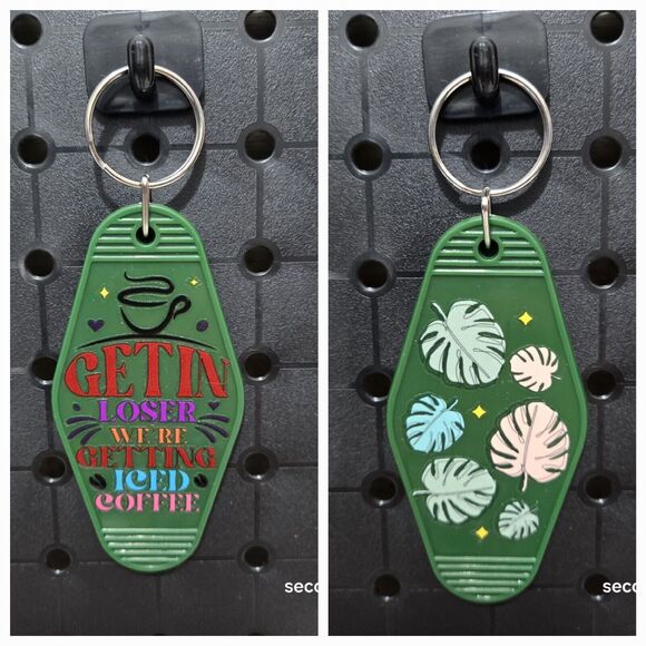 Double Sided Motel Keychain Green Leafs / Get In Going For Coffee. - Picture 1 of 3